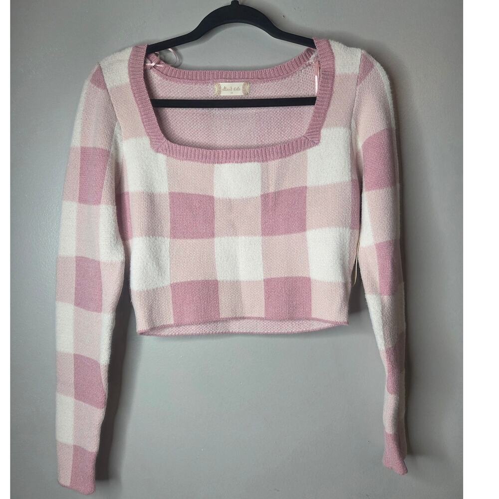 Altar'd State Women's Size Medium Pink White Check Crop Long Sleeve Sweater NWT